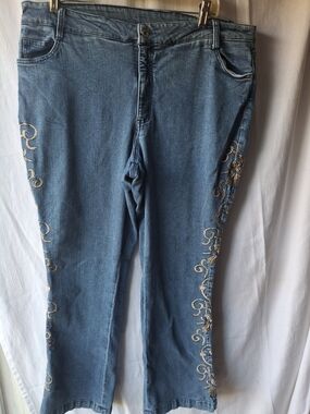 24/7 Comfort Apparel Blue Boot Cut Jeans with Gold Embroidery